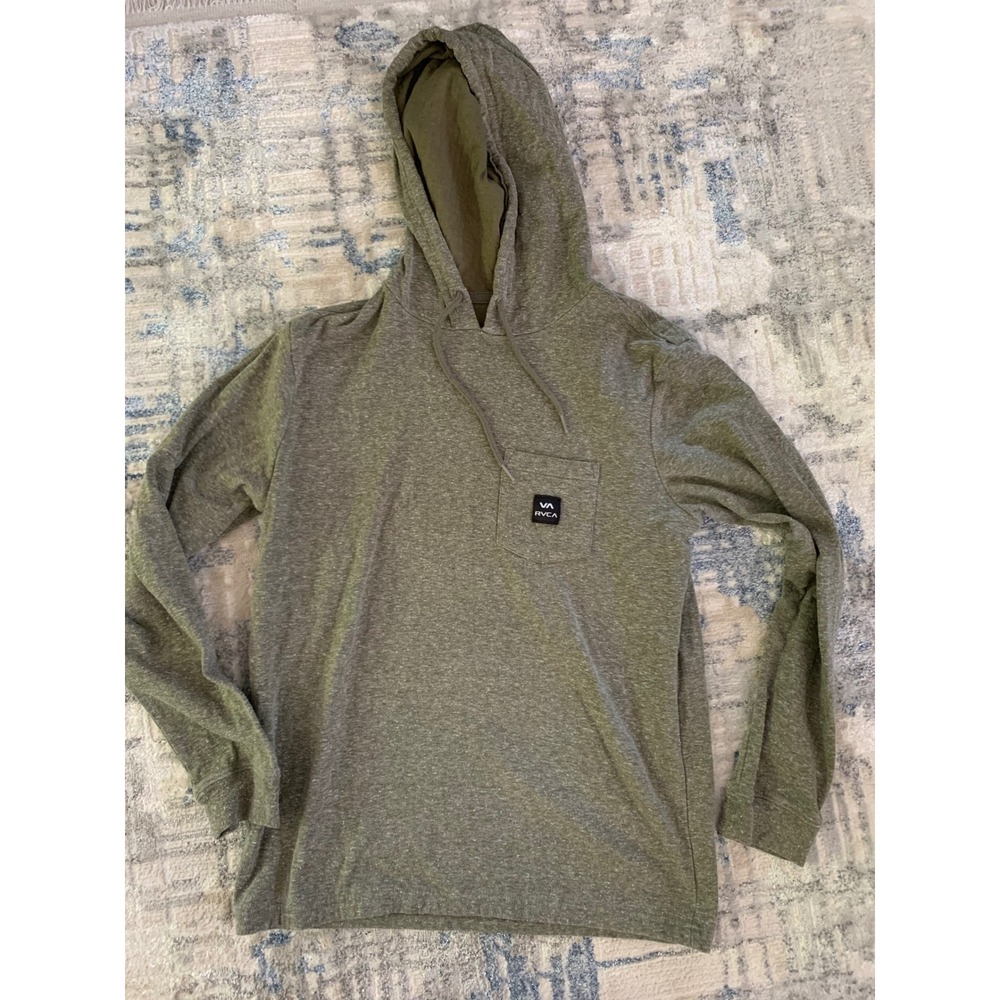 RVCA Mens Long Sleeve Hooded T-Shirt Heathered Olive Green Pocket Tee Small